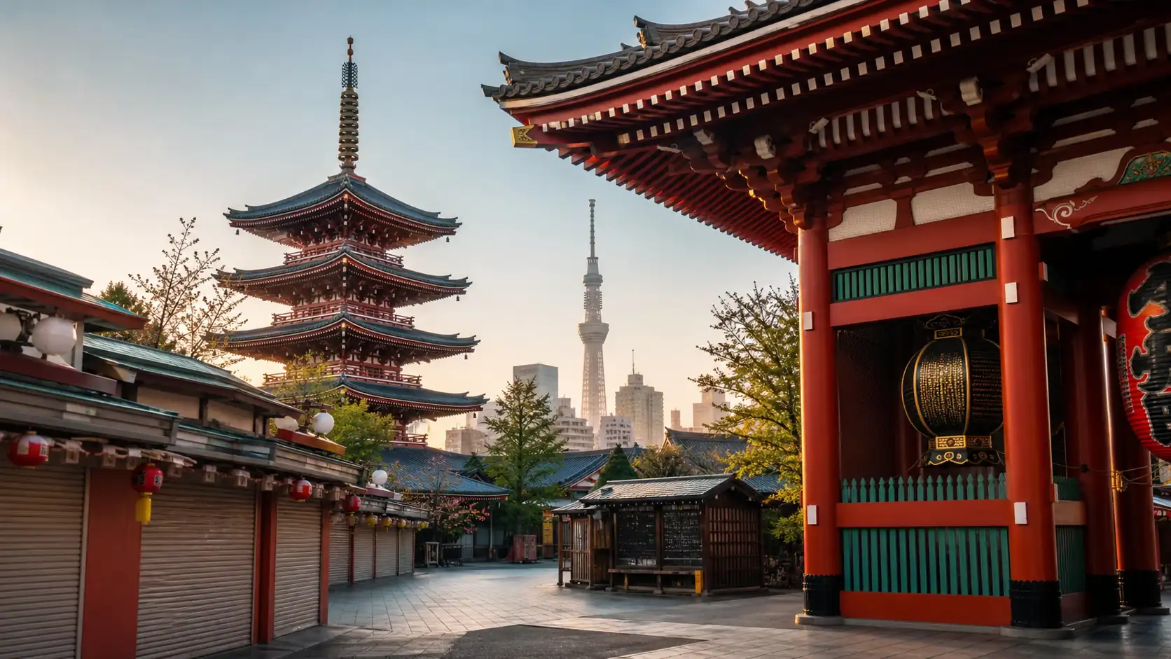 Quiet Tokyo temple street with modern skyline in the distance Quiet Tokyo temple street with modern skyline in the distance