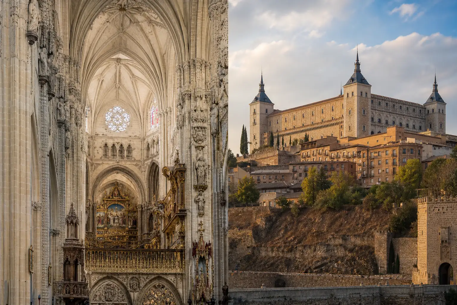 Toledo Cathedral interior and Alcazar landmarks Toledo Cathedral interior and Alcazar landmarks