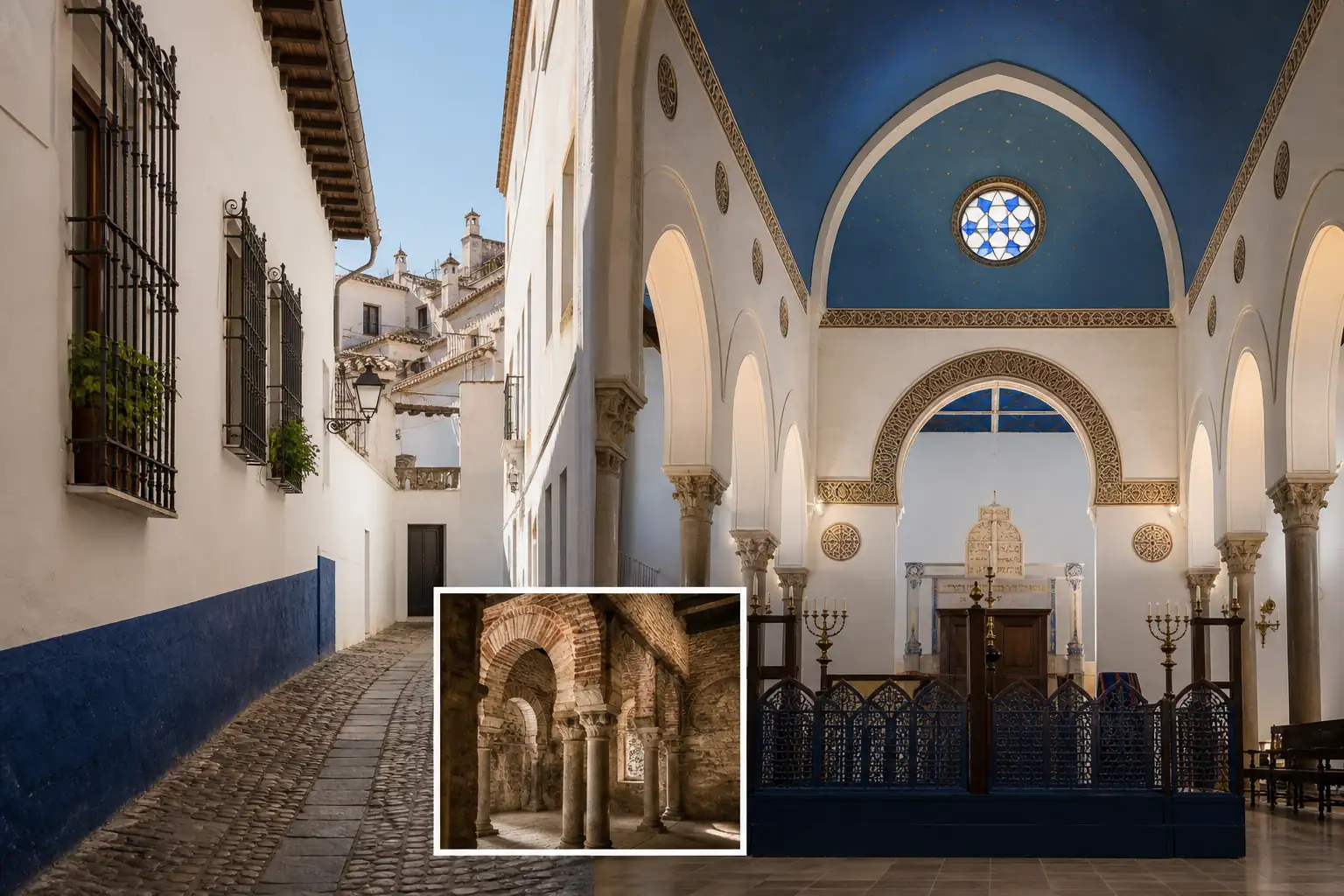 Jewish Quarter lane, synagogue, and Islamic arches in Toledo Jewish Quarter lane, synagogue, and Islamic arches in Toledo