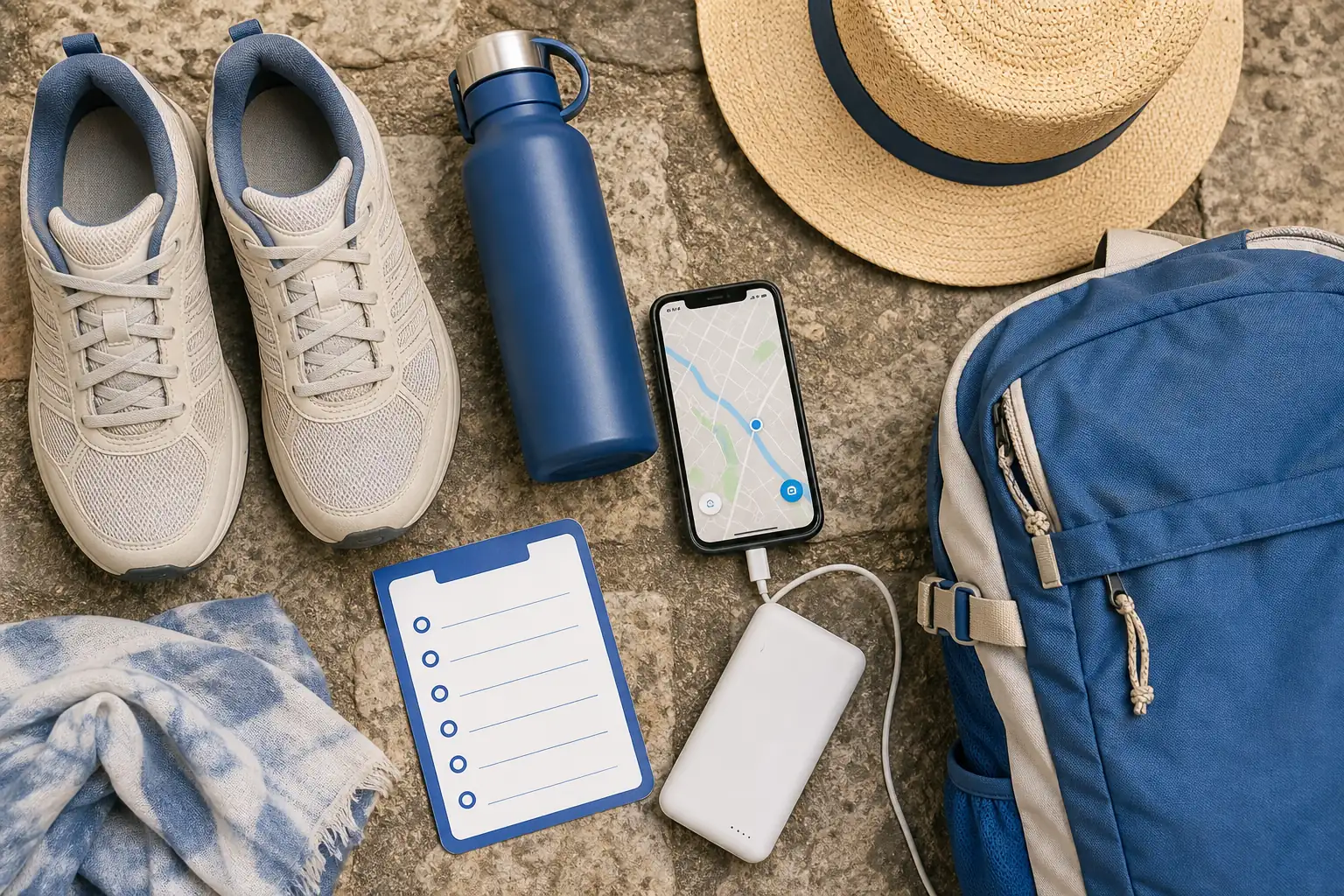 Walking shoes, water, map, charger, and day bag for Toledo Walking shoes, water, map, charger, and day bag for Toledo