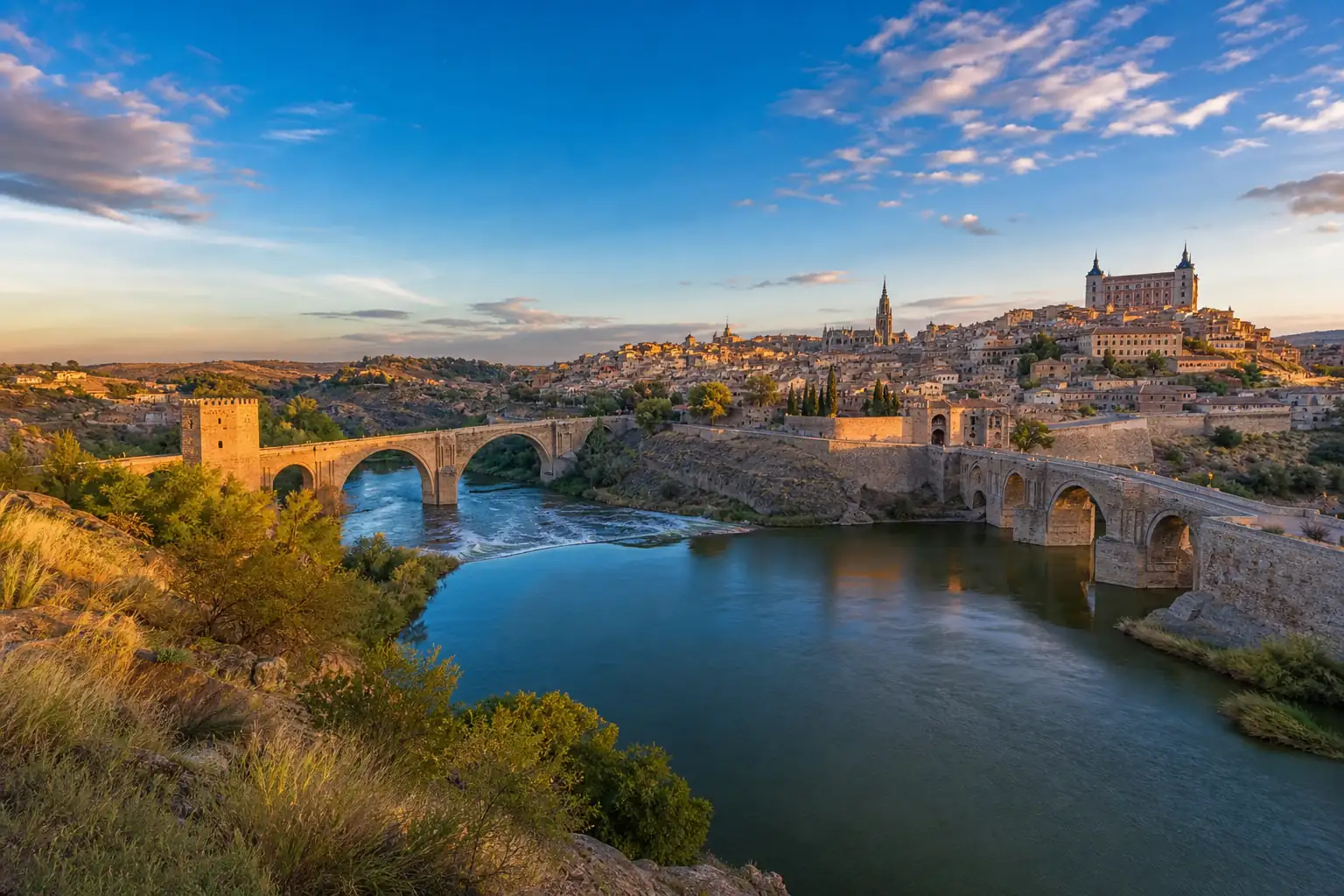 Tagus River, Toledo bridges, and skyline at sunset Tagus River, Toledo bridges, and skyline at sunset
