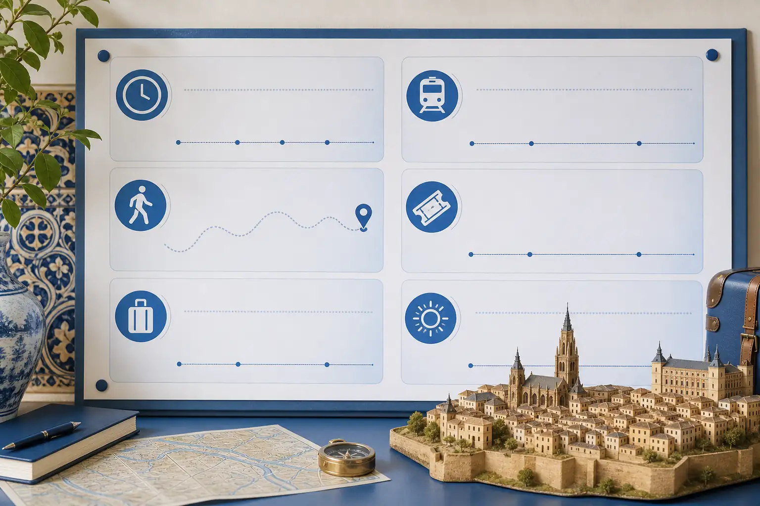 Toledo travel planning board with transport, walking, and ticket icons Toledo travel planning board with transport, walking, and ticket icons