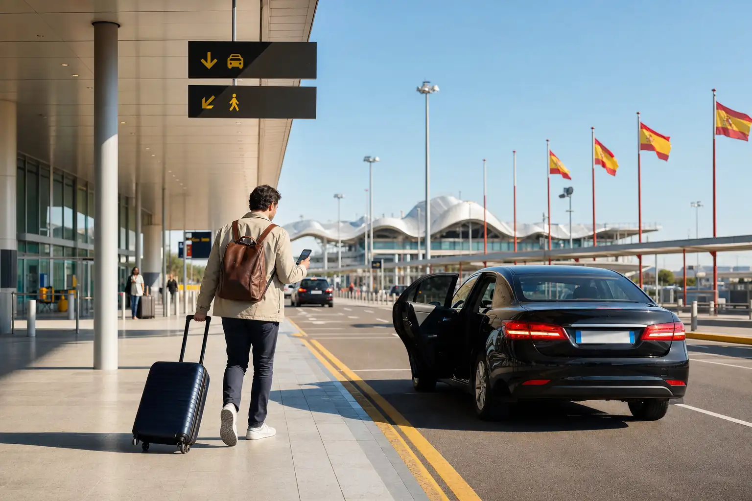 Organized app-based ride pickup outside a Spanish airport terminal