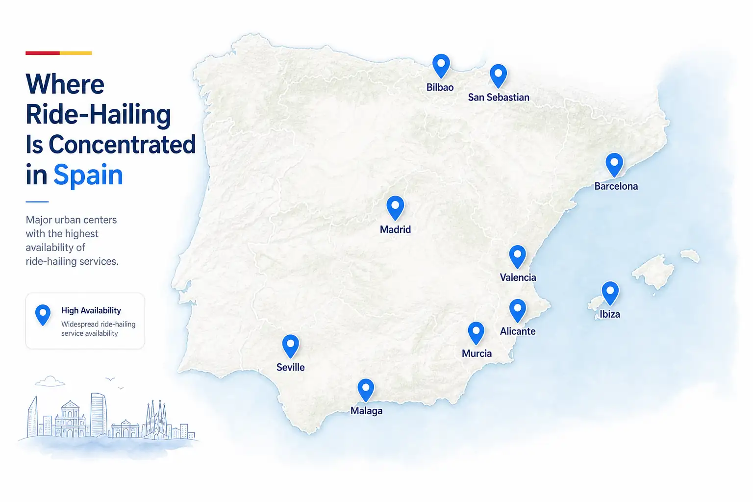 Editorial map showing Uber service concentrated in Spanish cities