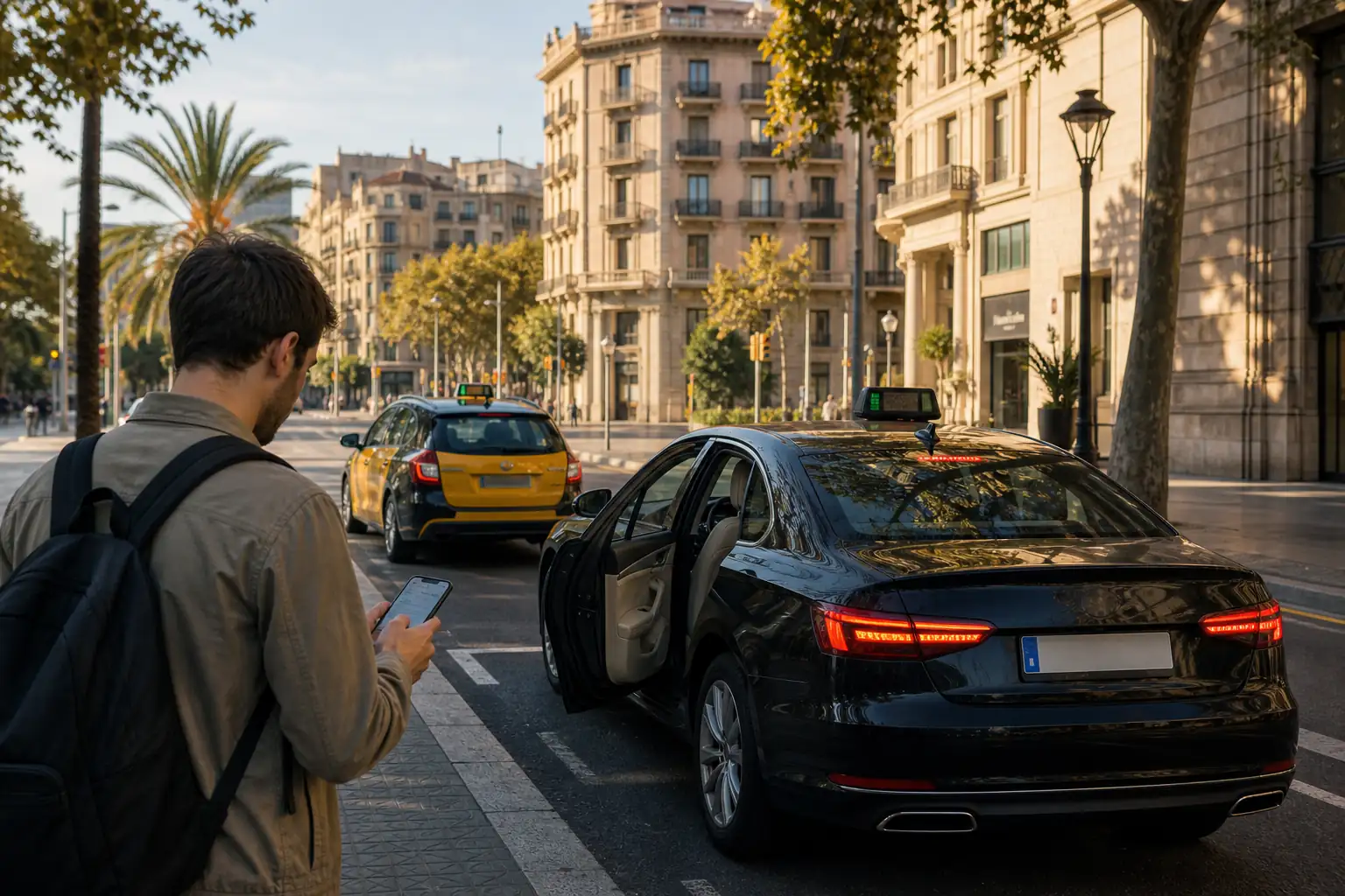 Traveler checking a vehicle before an app-based pickup in Barcelona
