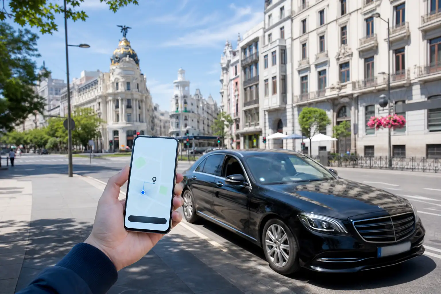 Traveler requesting an app-based ride on a Spanish city street