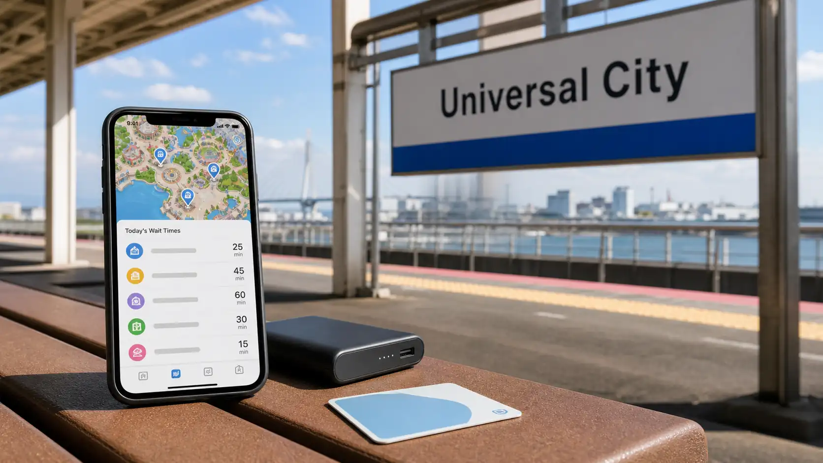 Phone, transit card, and power bank near Universal City station for a USJ ticket day Phone, transit card, and power bank near Universal City station for a USJ ticket day