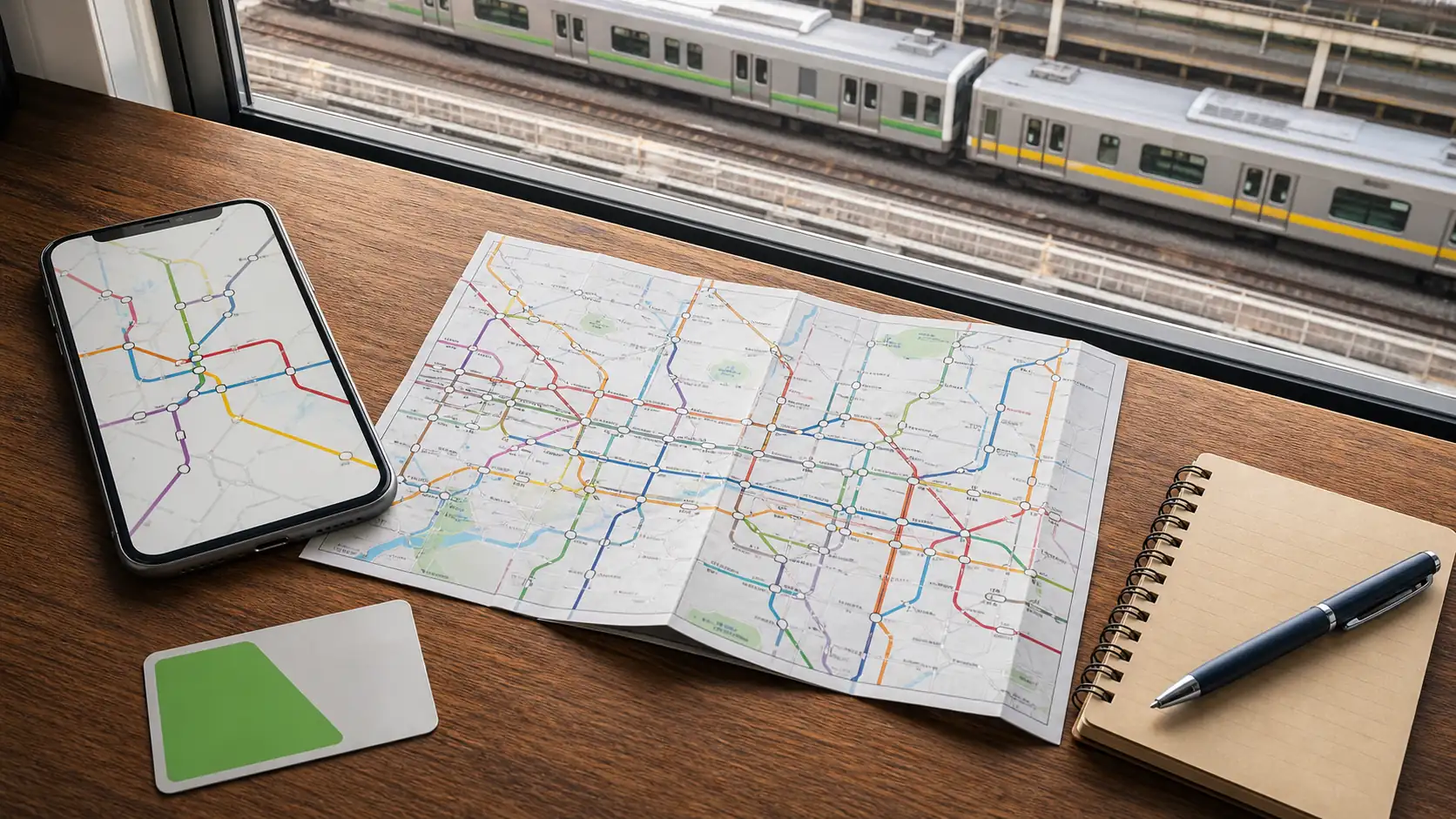 Phone and paper rail map beside Japanese commuter trains Phone and paper rail map beside Japanese commuter trains