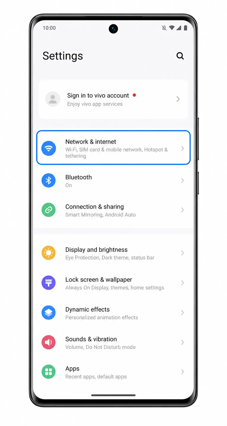 Vivo V29 Lite 5G Settings screen showing Network & internet highlighted for iRoamly eSIM setup Vivo V29 Lite 5G Settings screen showing Network & internet highlighted for iRoamly eSIM setup