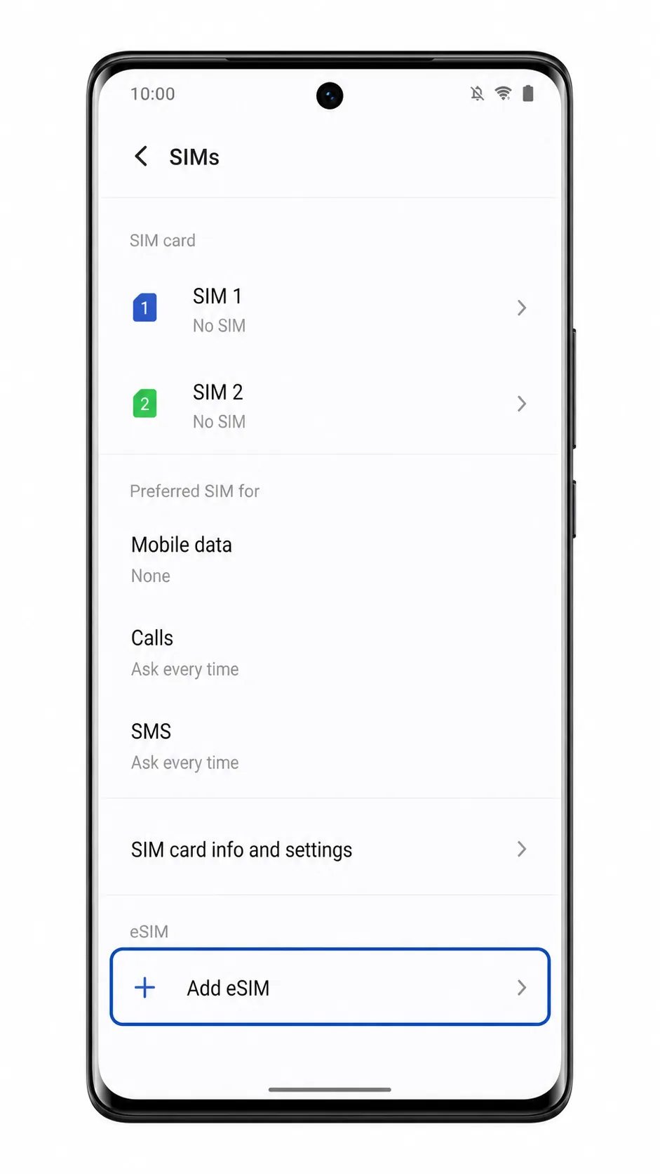 Vivo V29 Lite 5G SIMs screen showing Add eSIM highlighted