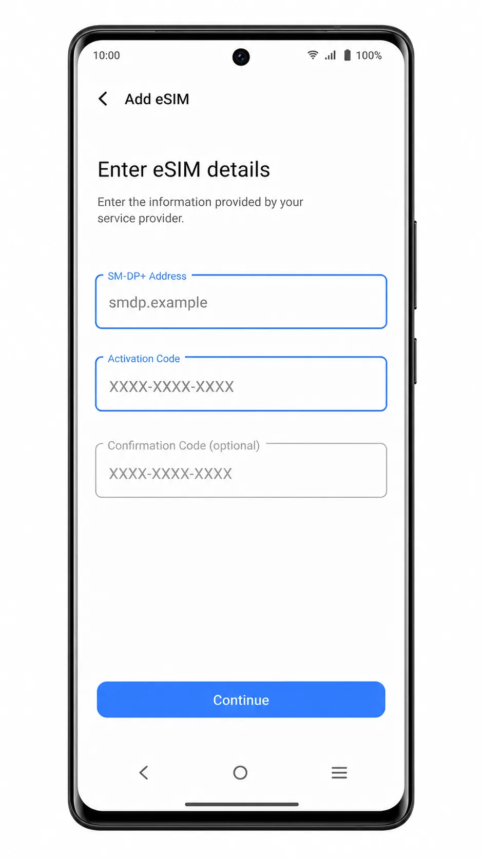 Vivo V29 Lite 5G manual eSIM entry screen showing SM-DP+ Address and Activation Code fields