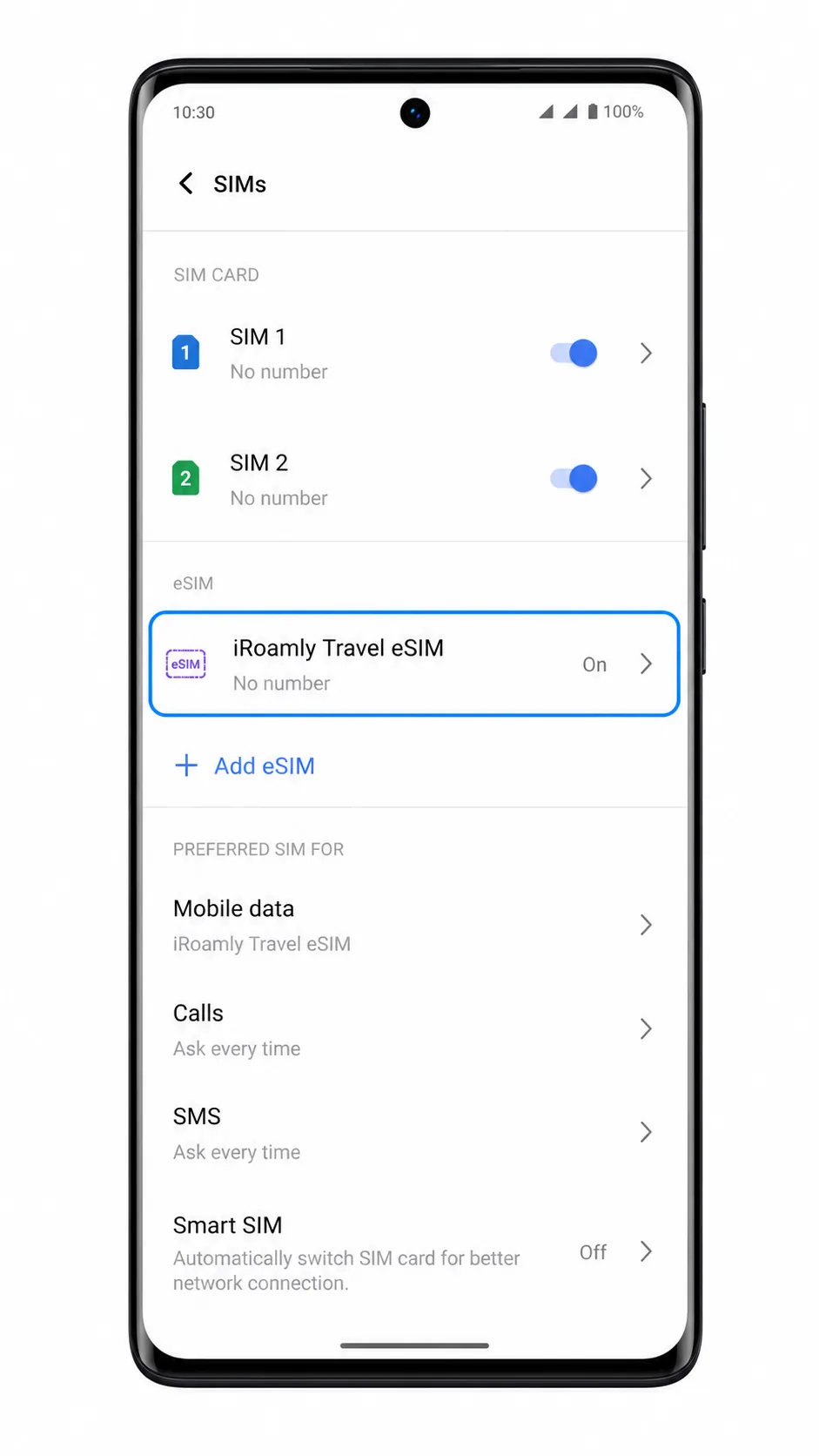 Vivo V29 Lite 5G SIMs screen showing iRoamly eSIM listed