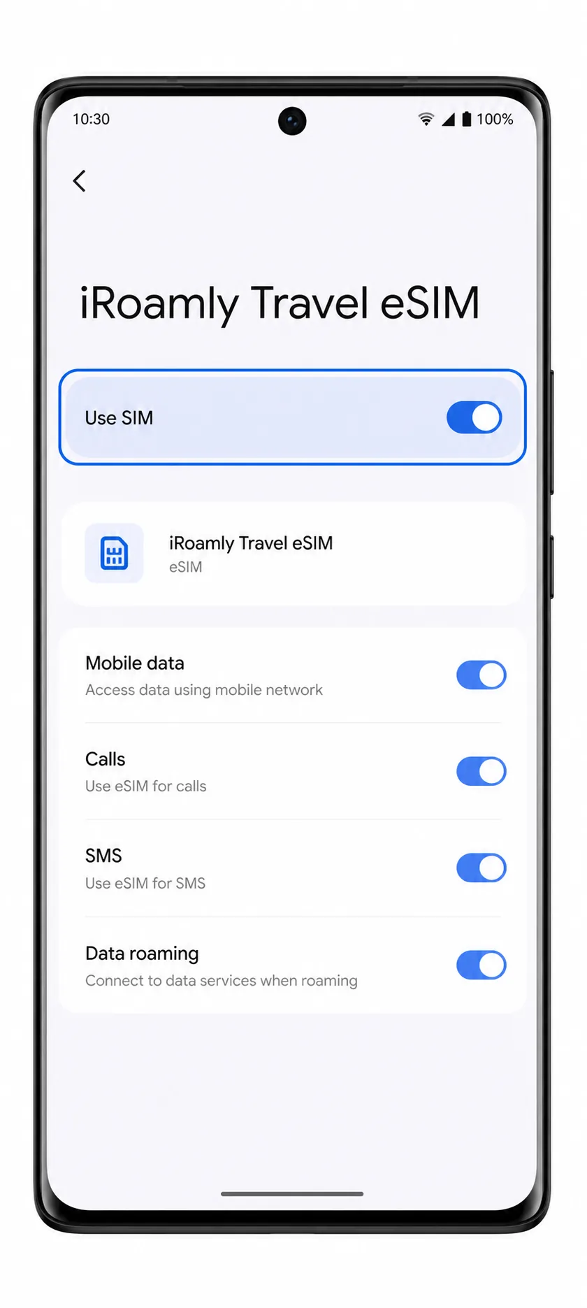 Vivo V29 Lite 5G iRoamly eSIM detail screen showing Use SIM enabled