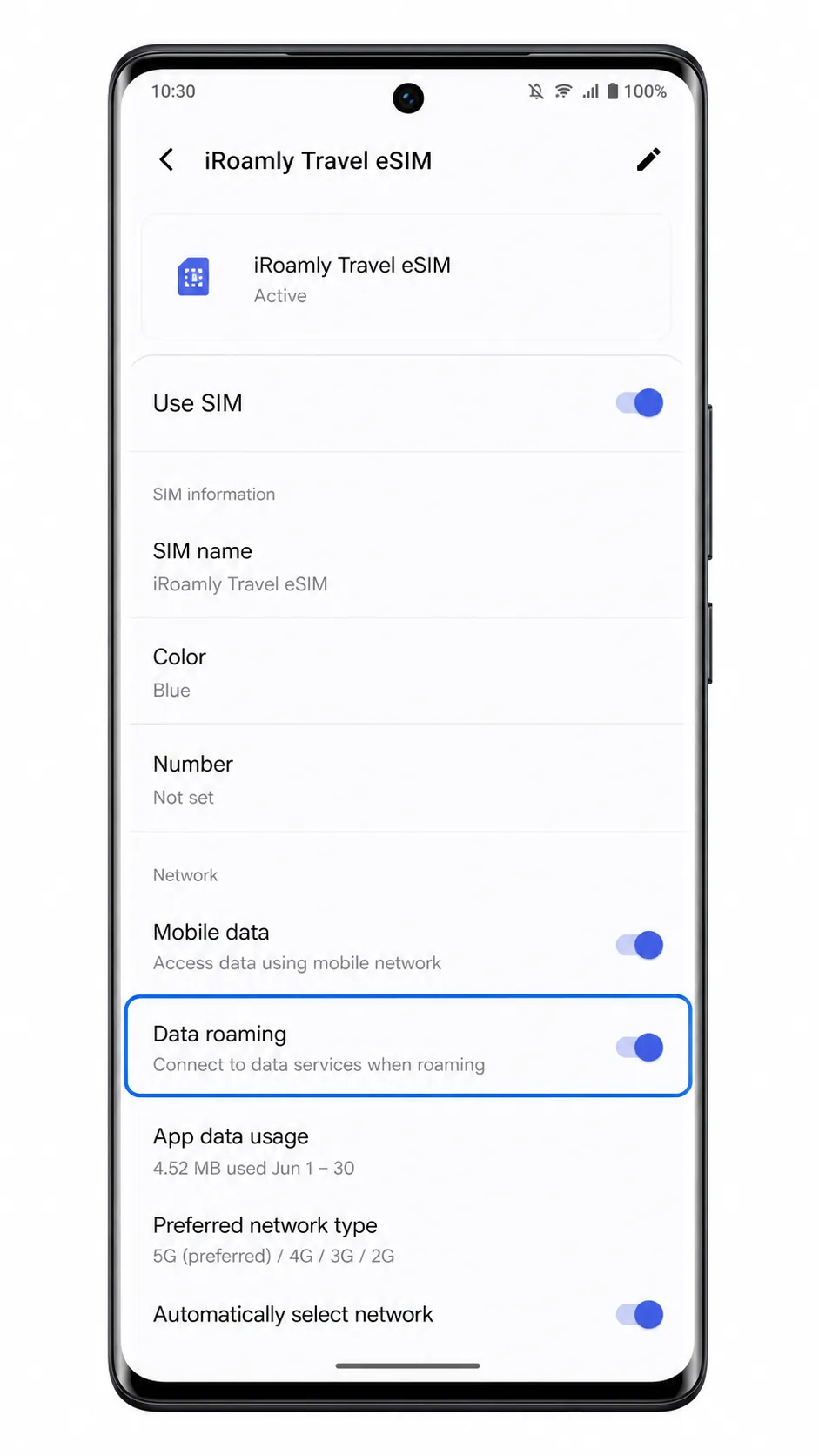 Vivo V29 Lite 5G iRoamly eSIM detail screen showing Data roaming enabled