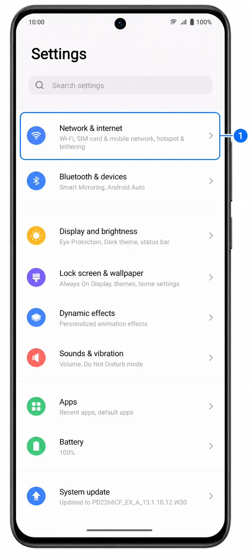 Vivo V29 Step 1: Settings showing Network & internet highlighted for iRoamly eSIM setup Vivo V29 Step 1: Settings showing Network & internet highlighted for iRoamly eSIM setup