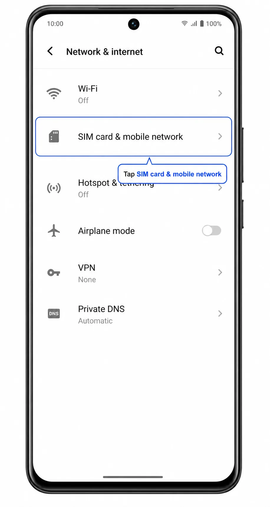Vivo V29 Step 2: Network & internet showing SIM card & mobile network highlighted Vivo V29 Step 2: Network & internet showing SIM card & mobile network highlighted
