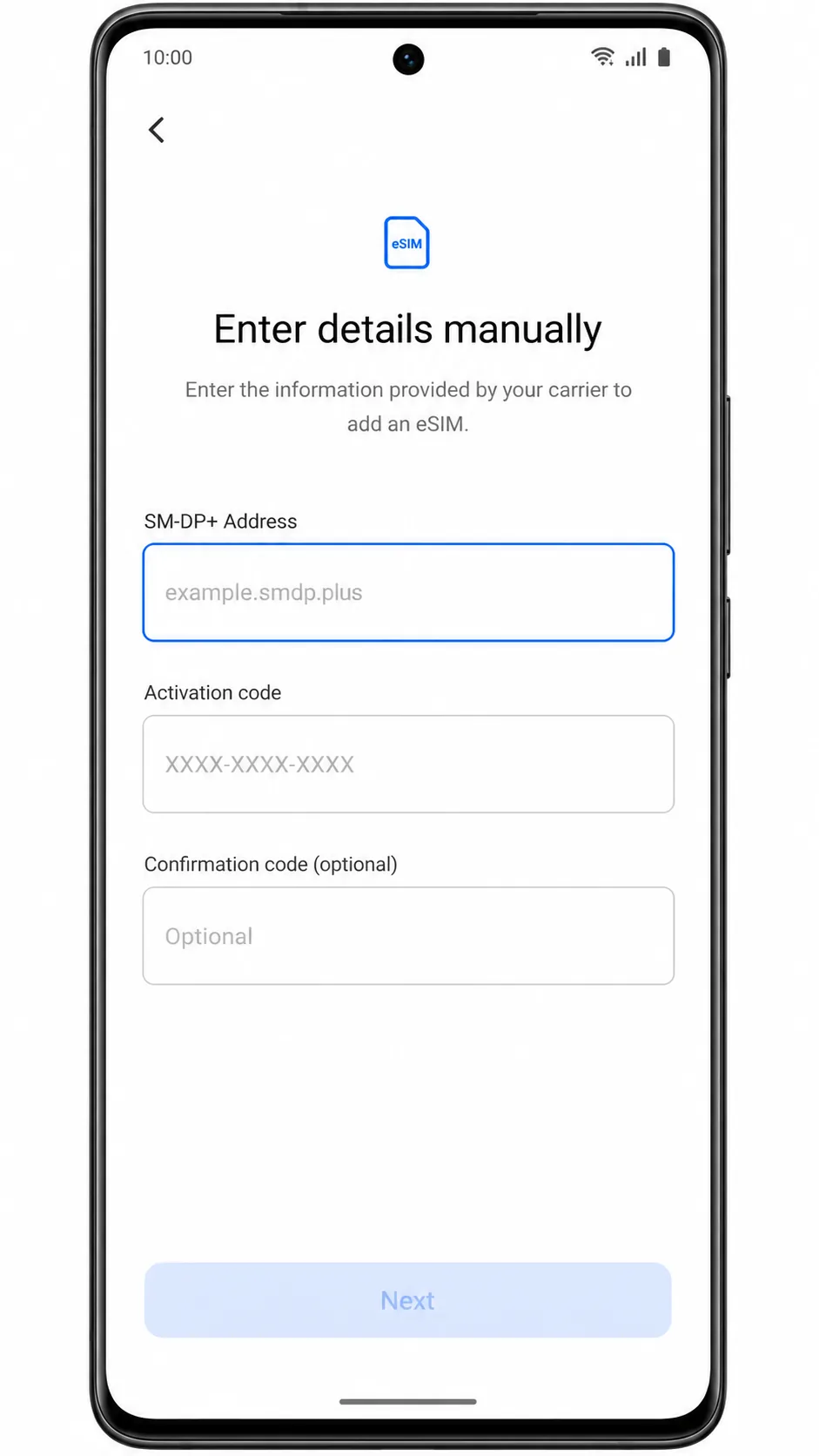 Vivo V29 Manual Step 5: Manual eSIM entry fields for SM-DP+ Address and Activation code