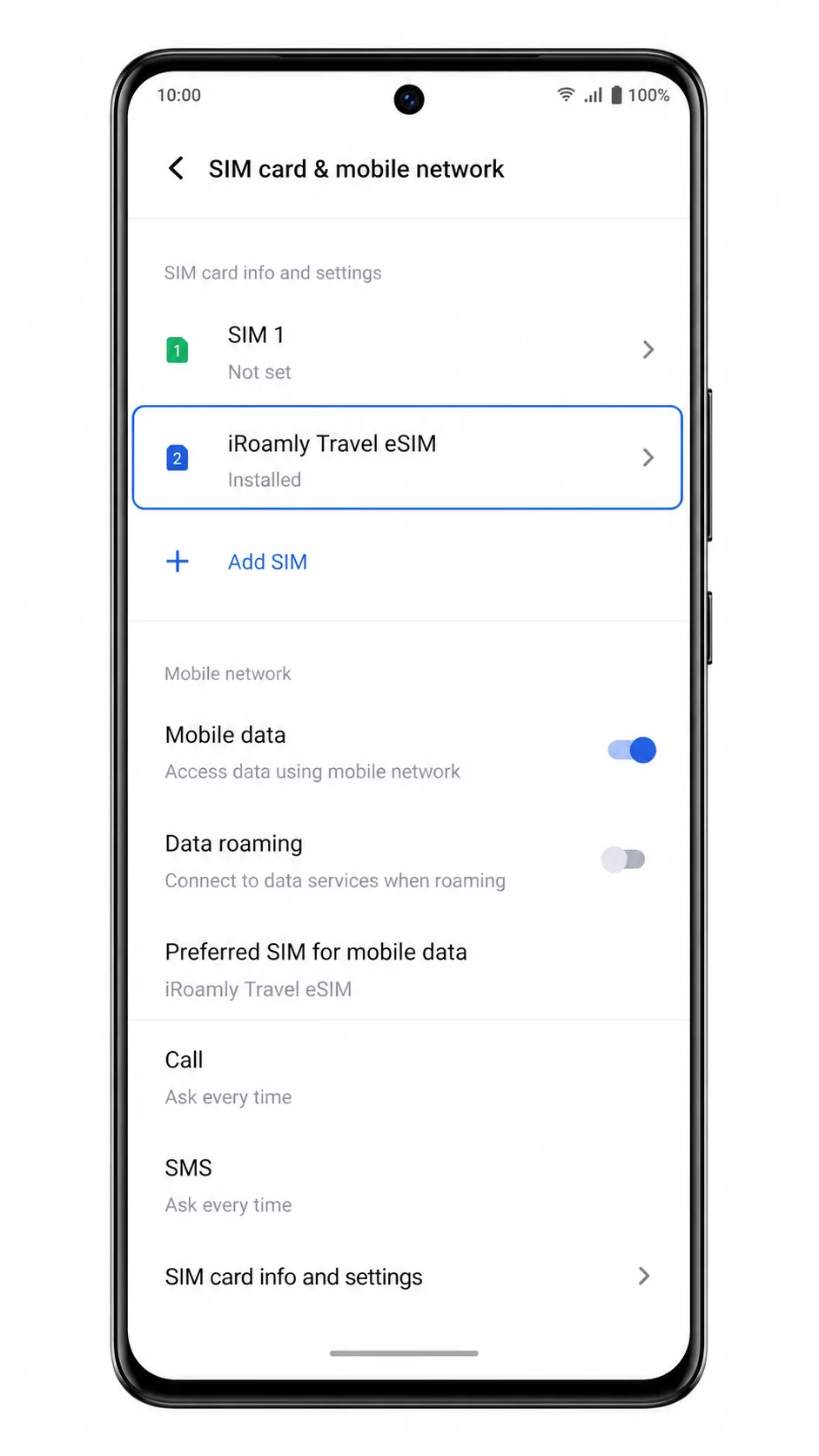 Vivo V29 Step 7: iRoamly Travel eSIM installed in SIM card and mobile network