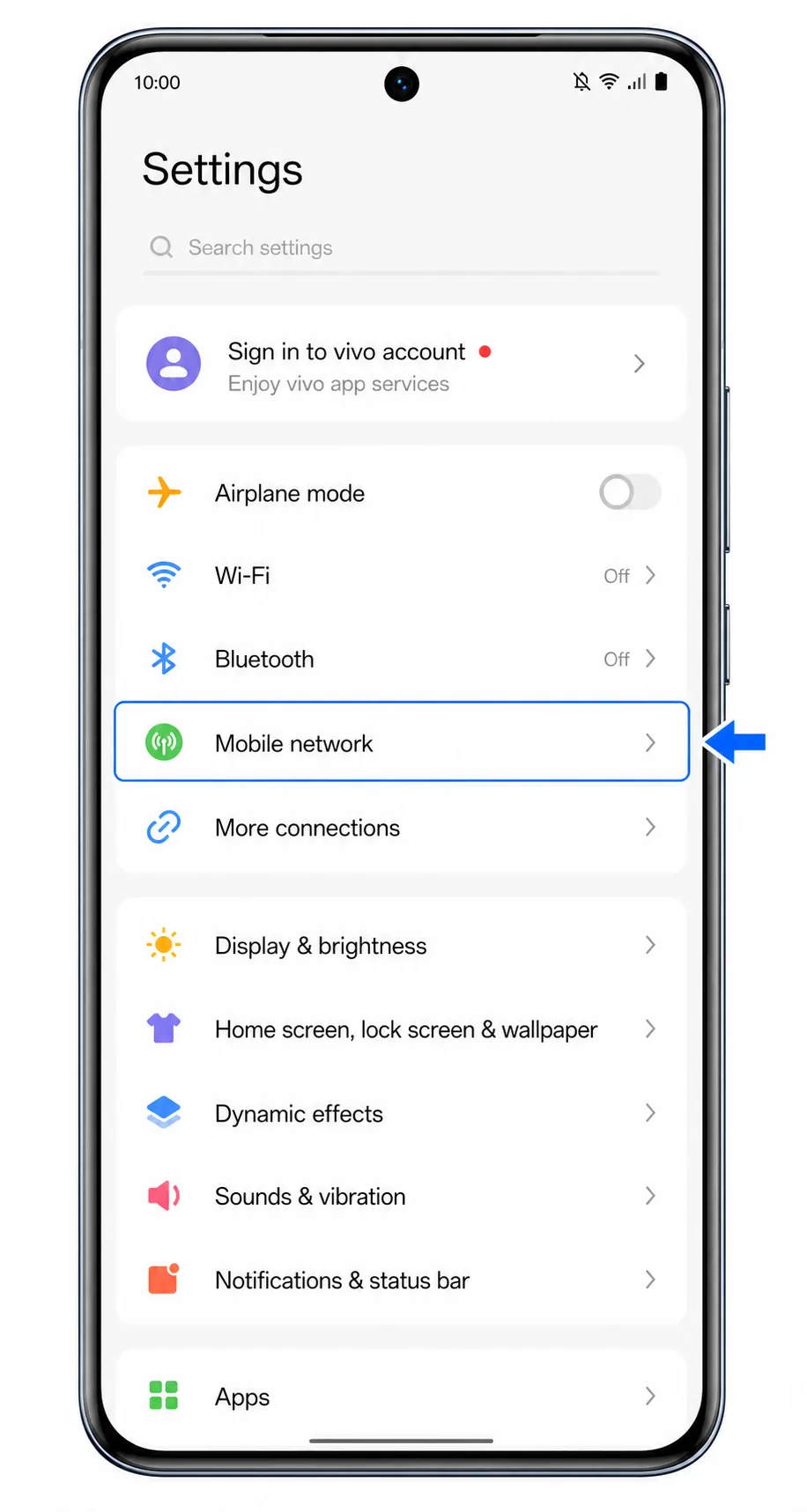 Vivo V50 Settings screen with Mobile network highlighted Vivo V50 Settings screen with Mobile network highlighted