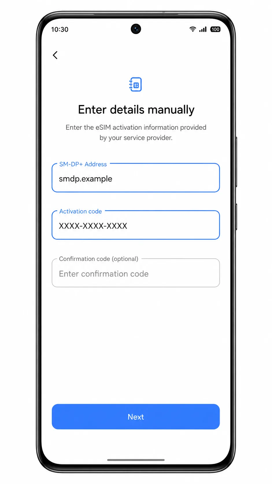 Vivo V50 manual eSIM entry screen with SM-DP+ Address and Activation code