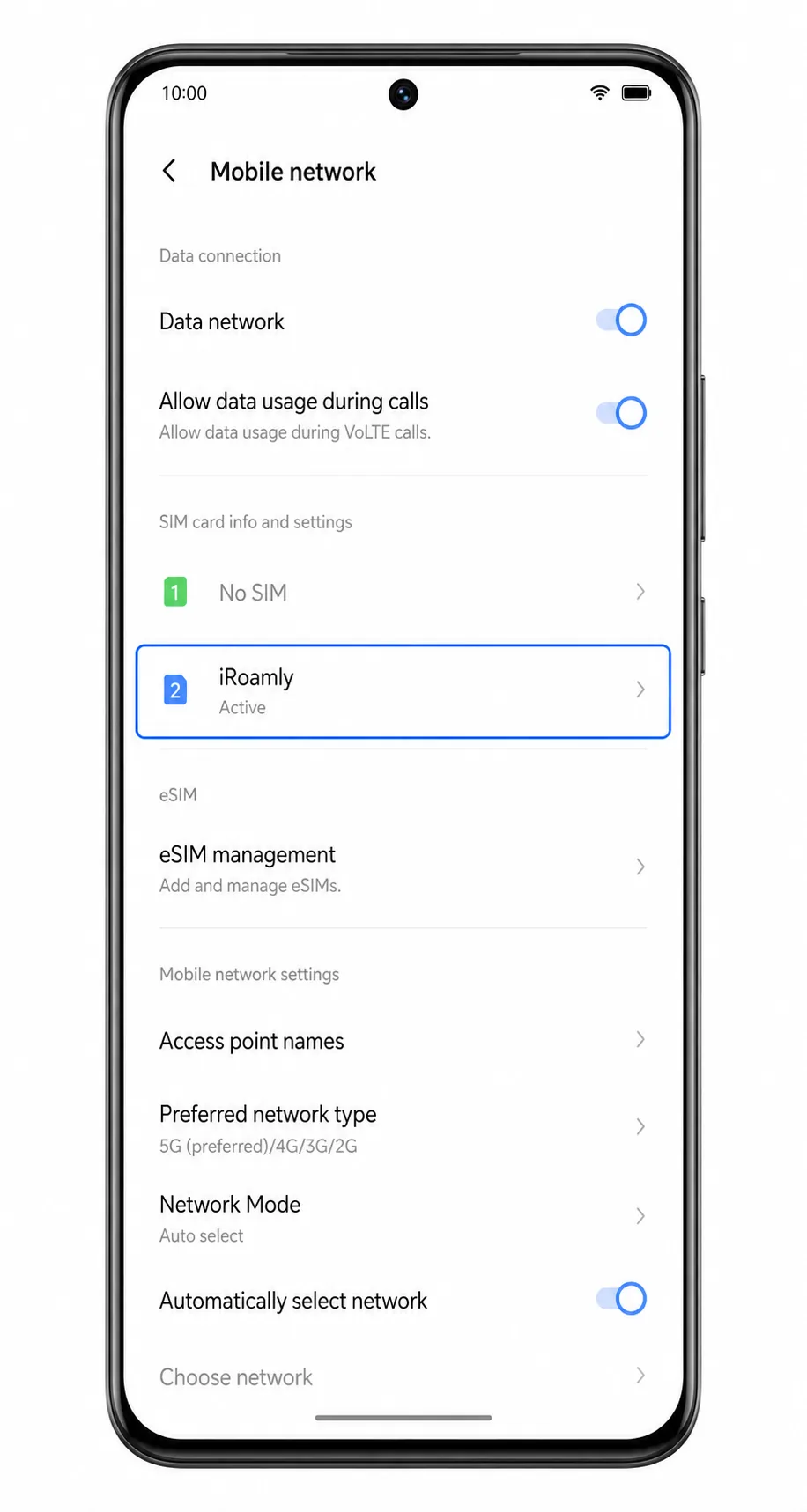 Vivo V50 Mobile network screen showing iRoamly eSIM active