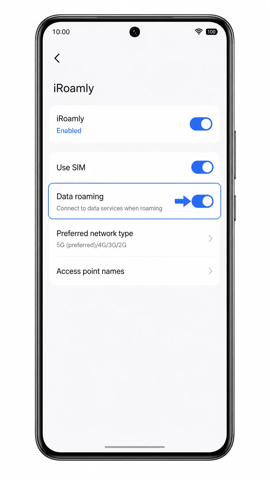 Vivo V50 iRoamly eSIM details screen with Use SIM enabled