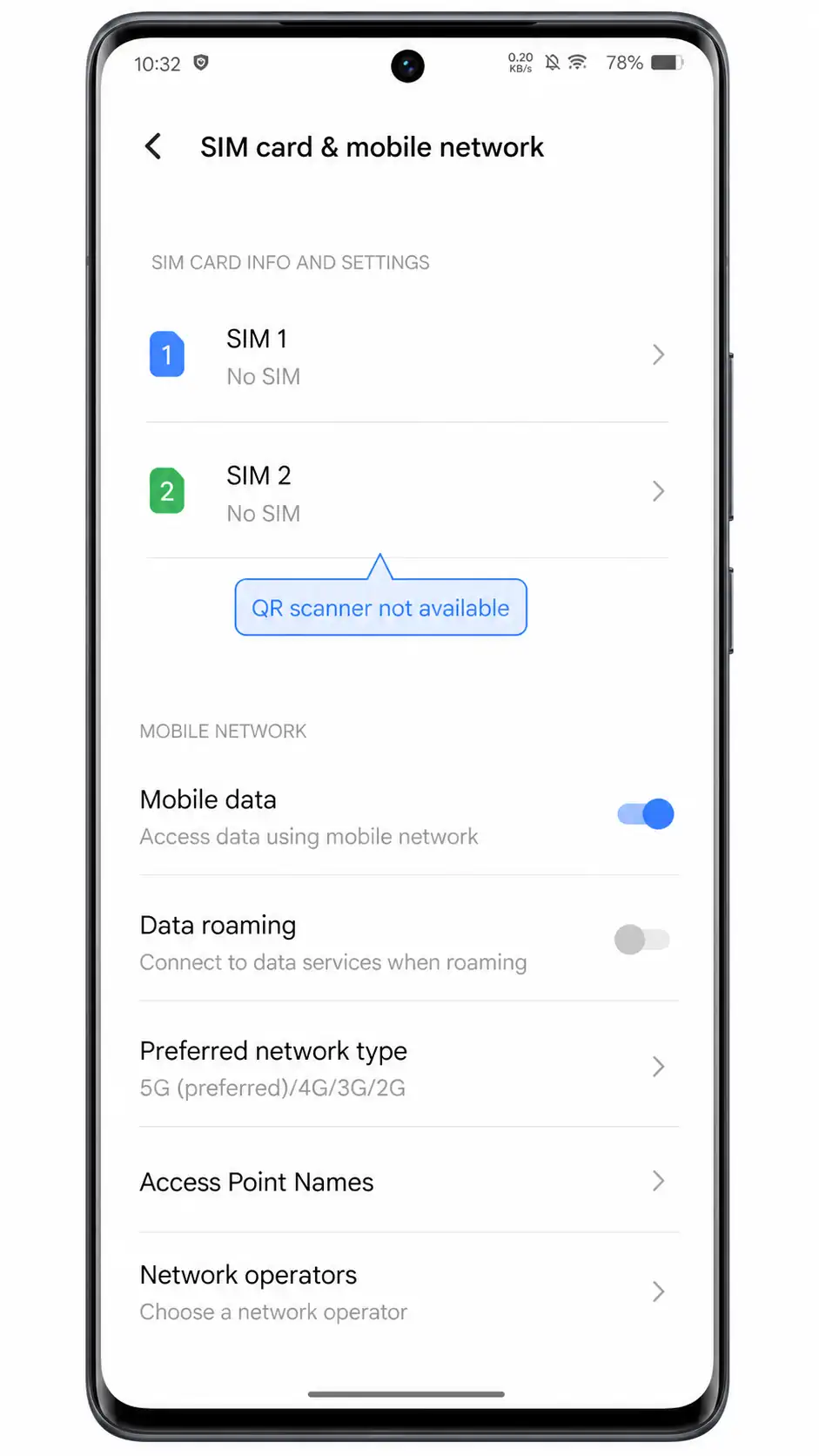 Vivo X80 Pro Step 6: SIM card page showing no QR scanner route Vivo X80 Pro Step 6: SIM card page showing no QR scanner route