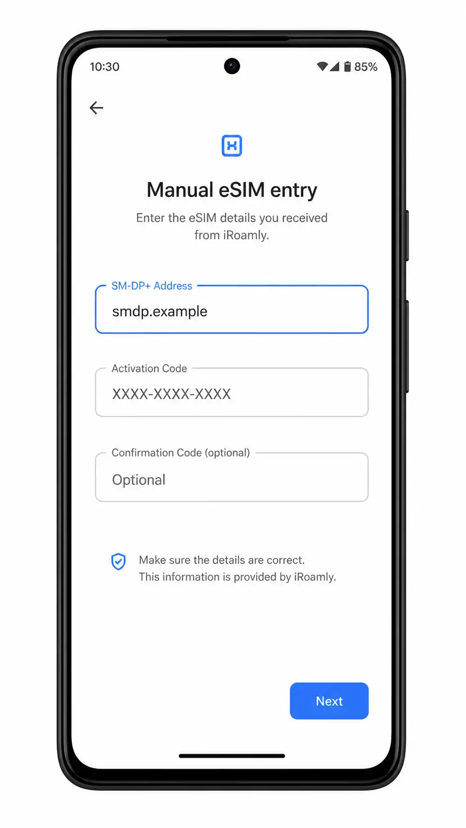 Vivo X80 Pro Step 10: Compatible Android phone showing manual eSIM entry fields Vivo X80 Pro Step 10: Compatible Android phone showing manual eSIM entry fields