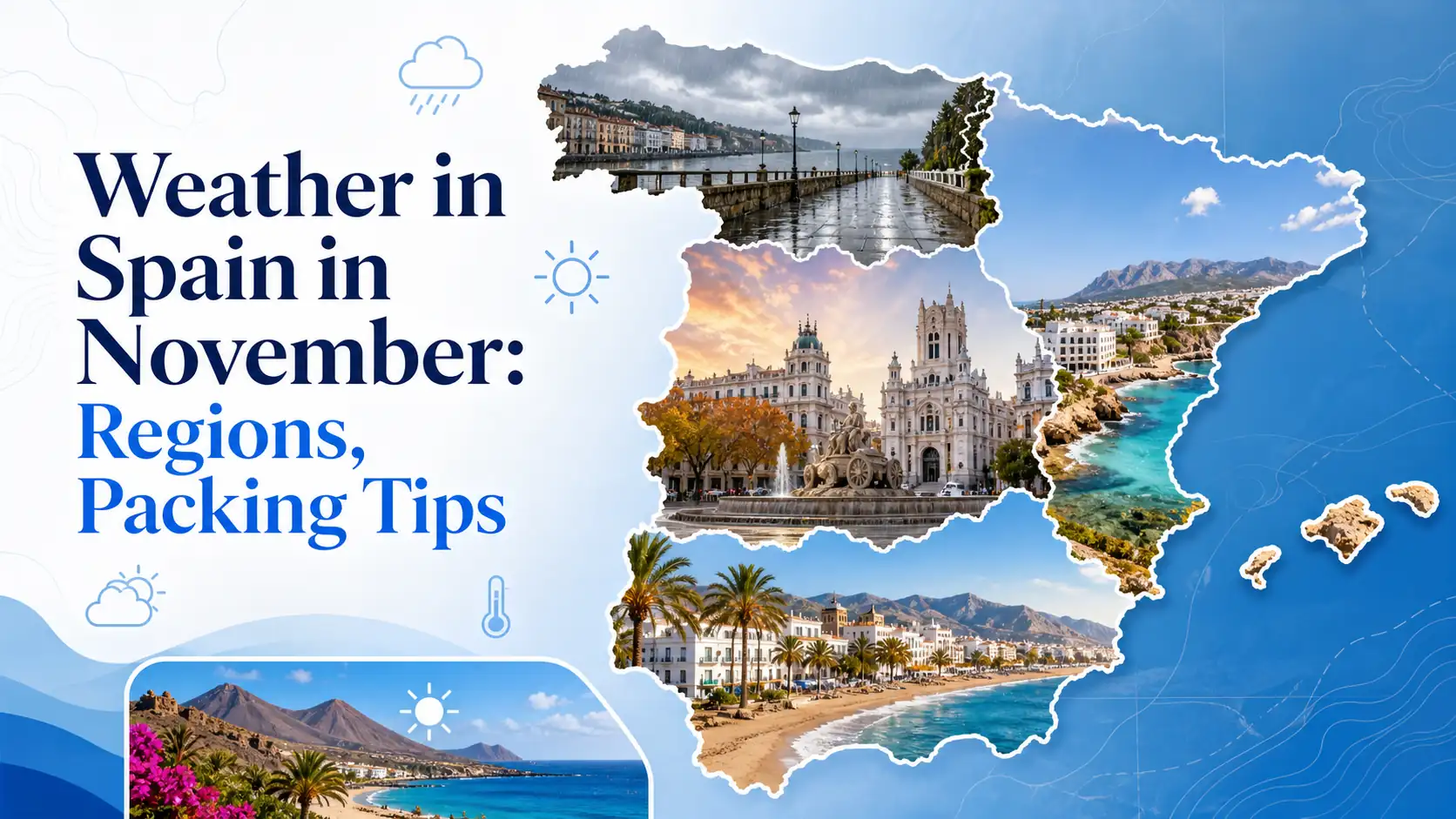 Weather in Spain in November cover with regional map collage Weather in Spain in November cover with regional map collage