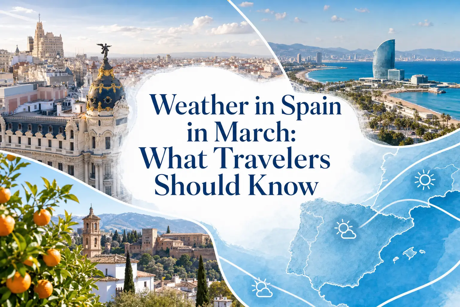 Weather in Spain in March travel guide cover showing Spanish cities and spring weather Reiseführer-Cover zum Wetter in Spanien im März mit spanischen Städten und Frühlingswetter