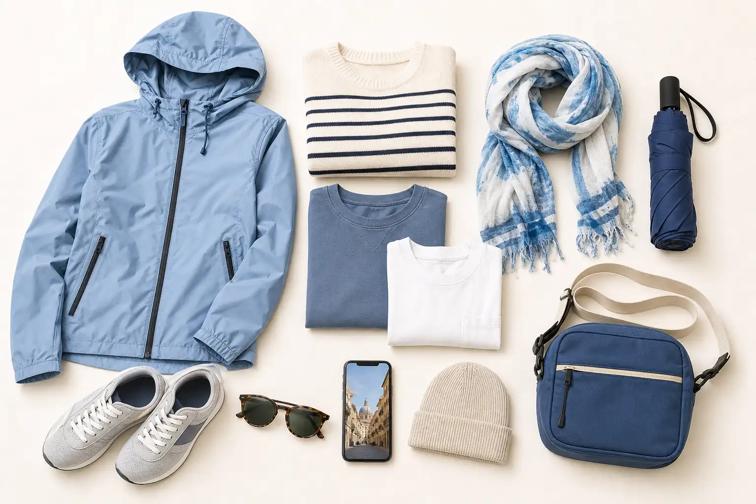 Packing flat lay for Spain in March with light jacket layers umbrella shoes and sunglasses Flachgelegtes Gepäck für Spanien im März mit leichten Jacken, Regenschirm, Schuhen und Sonnenbrille