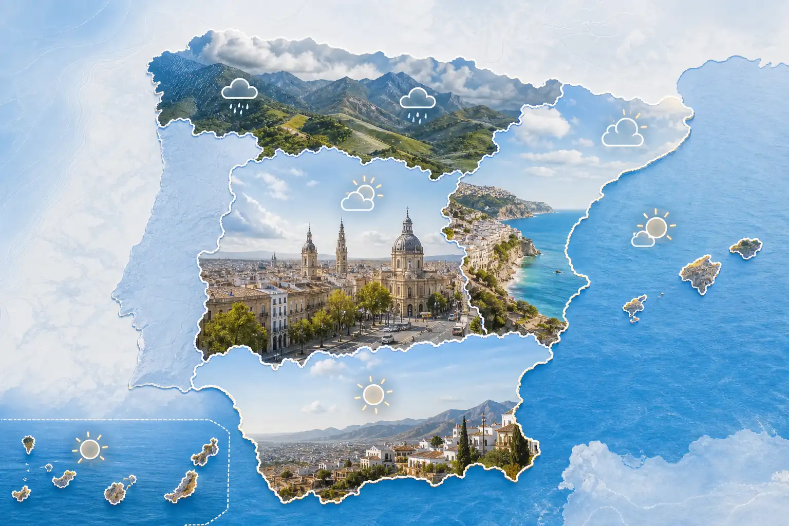 Karten-inspiriertes Bild, das die regionalen Wetterunterschiede in Spanien im März zeigt Karten-inspiriertes Bild, das die regionalen Wetterunterschiede in Spanien im März zeigt