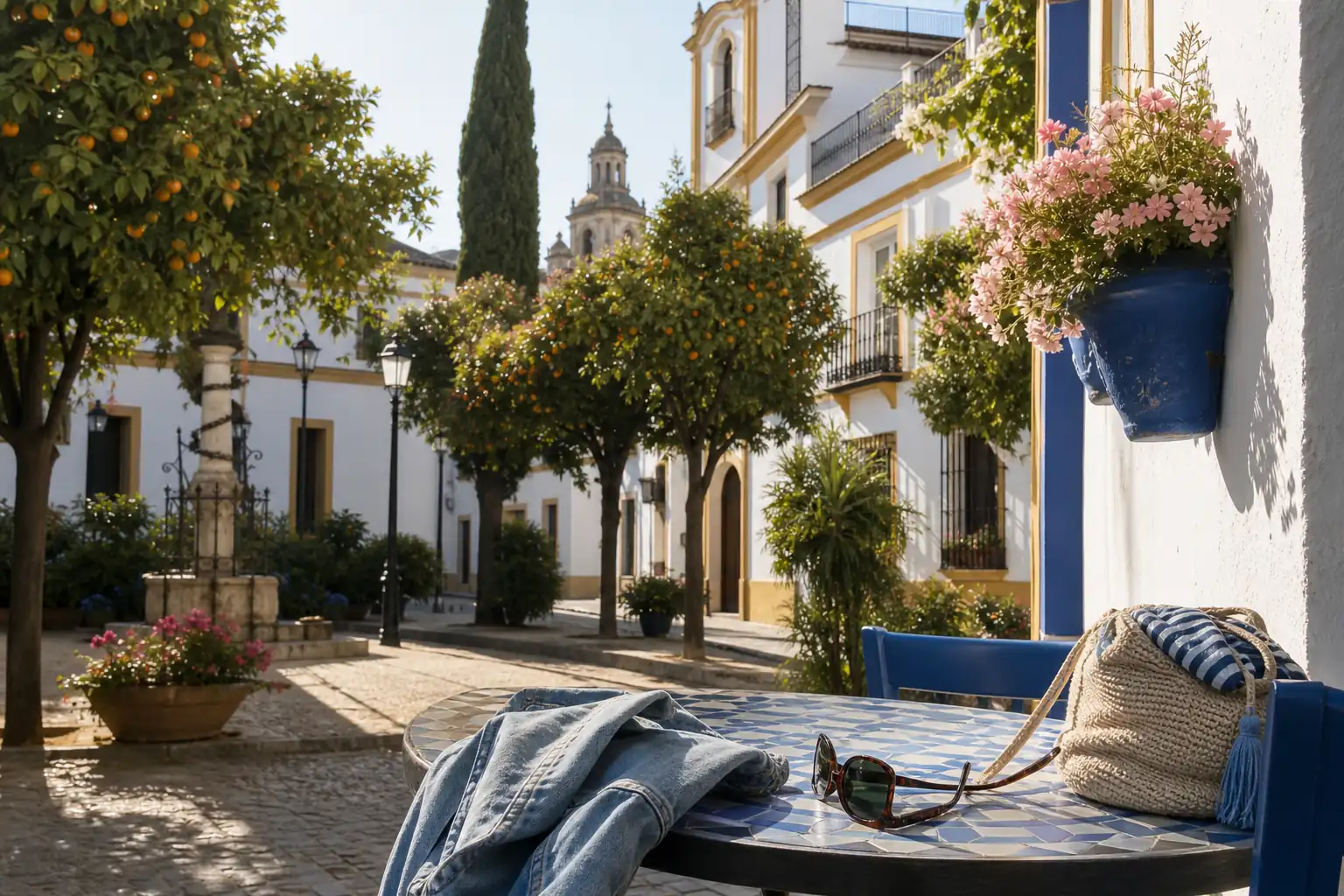 Sonnige Straßenszene in Südspanien mit Orangenbäumen und Frühlingsreiseartikeln im März Sonnige Straßenszene in Südspanien mit Orangenbäumen und Frühlingsreiseartikeln im März