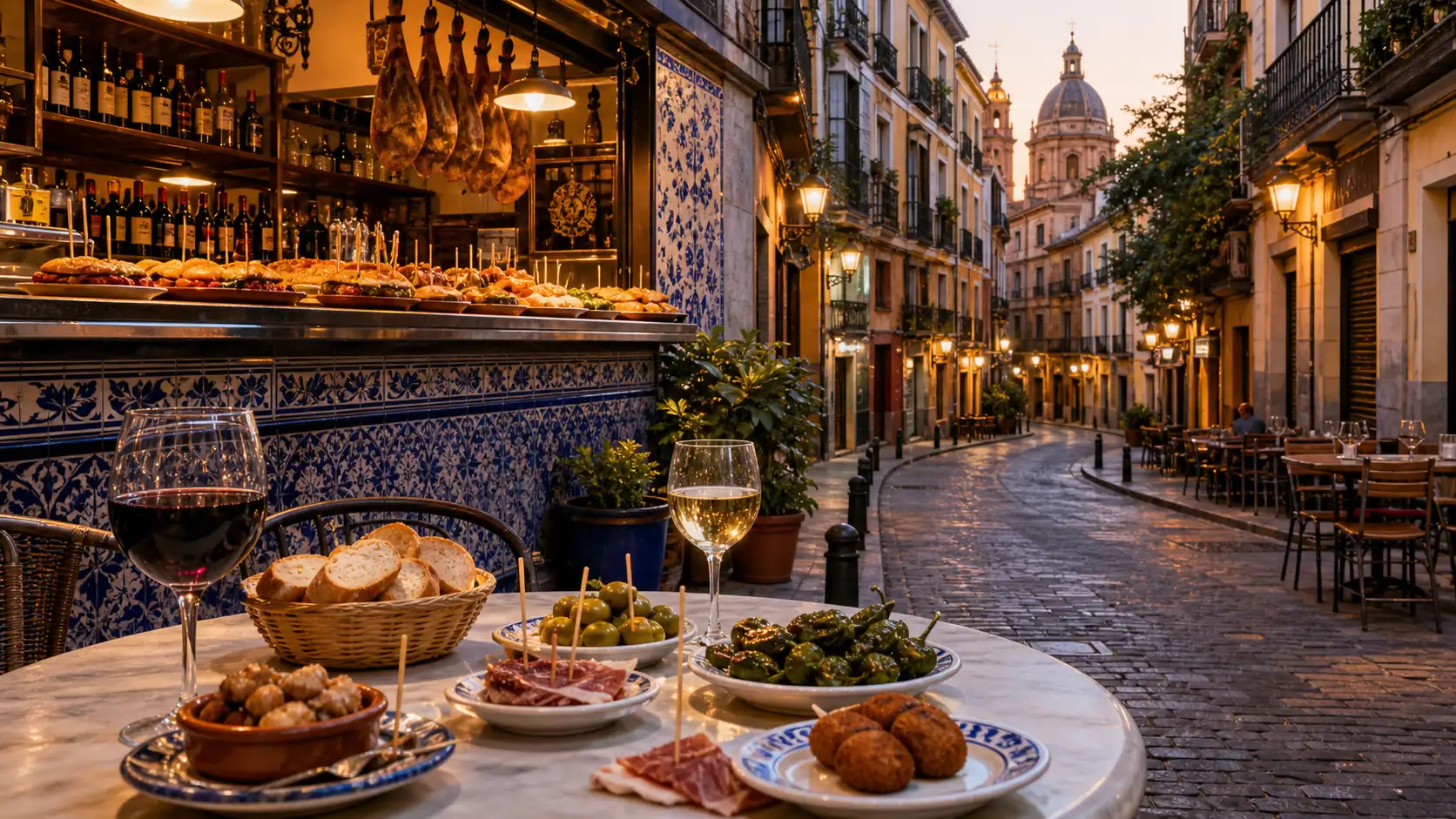 Madrid neighborhood street with tapas and blue-and-white tile details Straße in einem Madrider Viertel mit Tapas und blau-weißen Fliesendetails