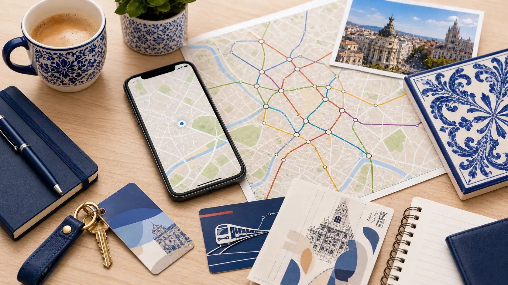 Madrid travel planning desk with phone map and ticket items Schreibtisch zur Madrid-Reiseplanung mit Telefon, Karte und Tickets
