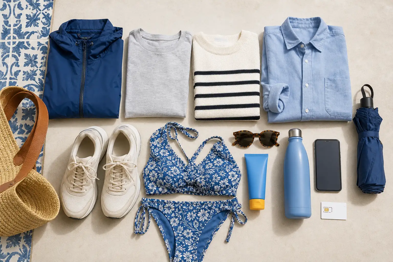 Light layers, rain shell, shoes, swimwear, and sun protection for Spain in May Light layers, rain shell, shoes, swimwear, and sun protection for Spain in May