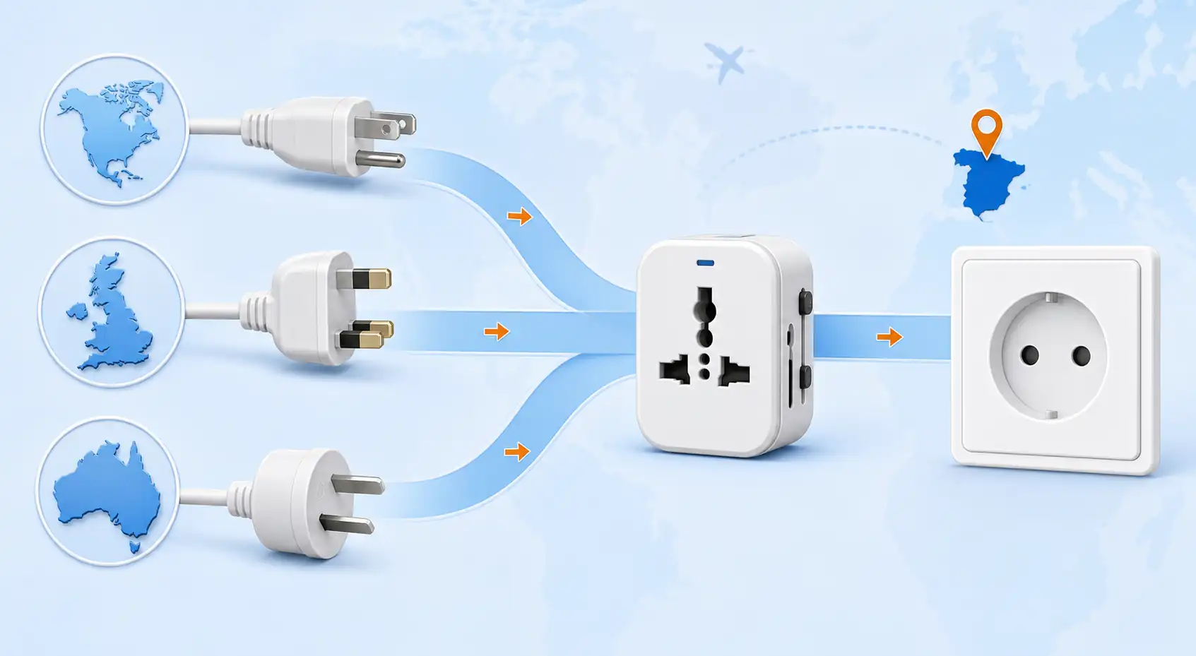 North American British and Australian plugs connecting through an adapter in Spain North American British and Australian plugs connecting through an adapter in Spain